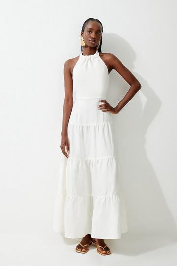 White Petite Viscose Linen Woven Tiered Halter Maxi Dress