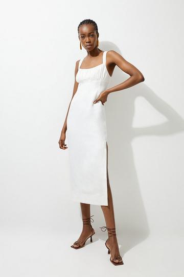 White Viscose Linen Woven Strappy Midi Dress