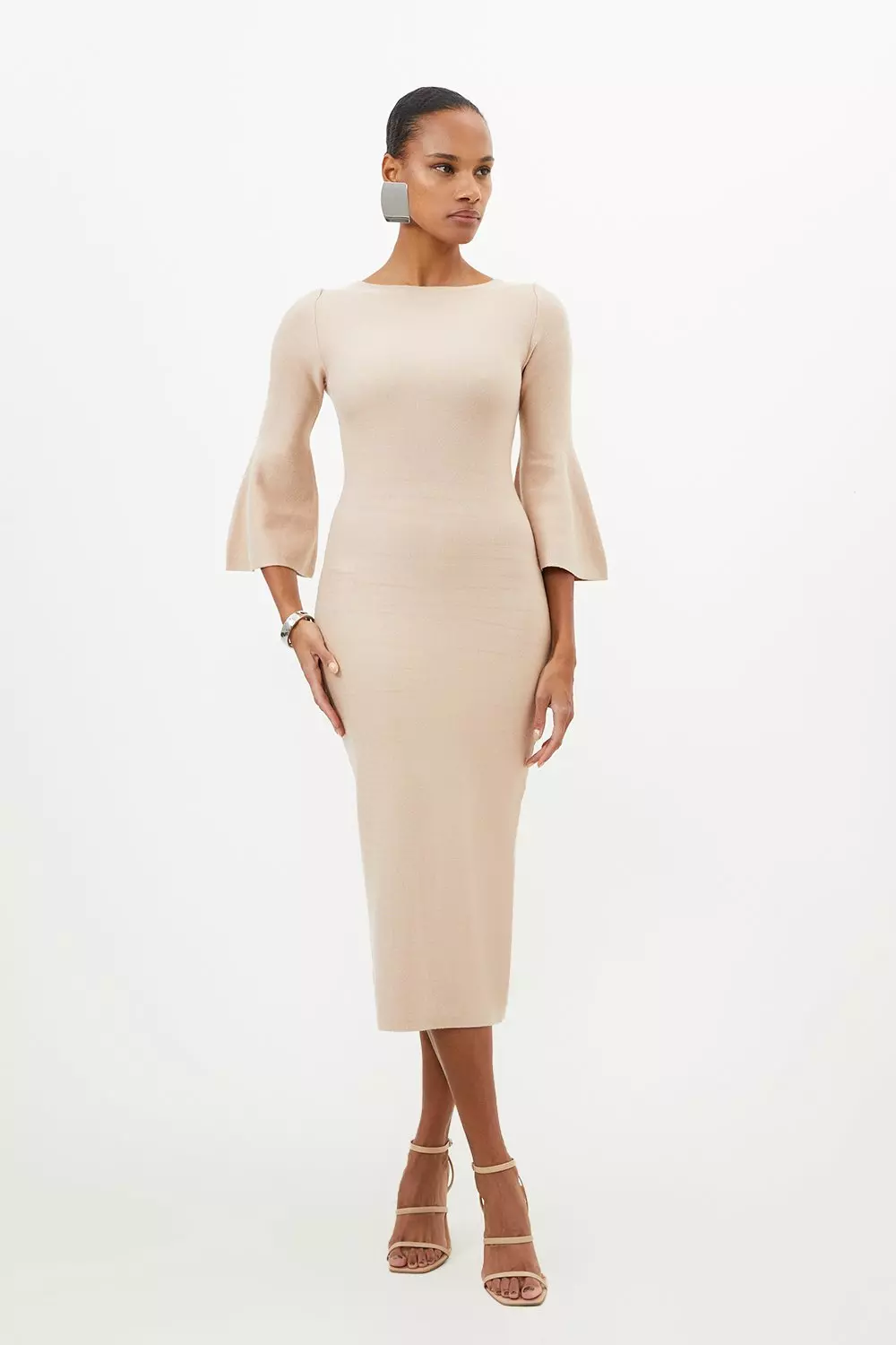 Compact Wool Look Knit Midi Dress With Fluted Sleeve