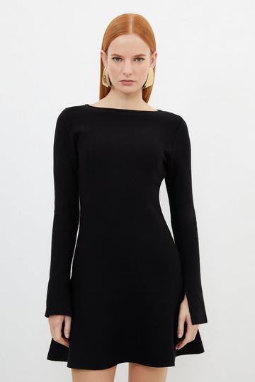Black Compact Wool Look Knit Flippy Mini Dress