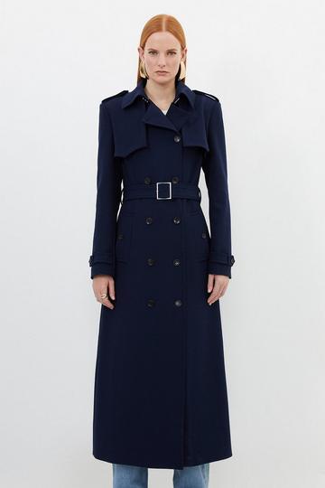 Navy Compact Stretch Tailored Belted Trench Coat