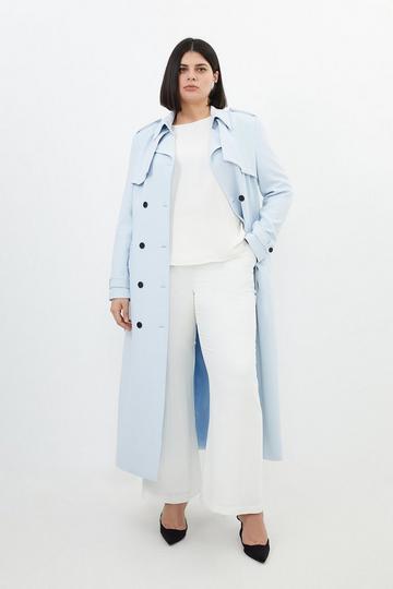 Blue Plus Size Compact Stretch Tailored Belted Trench Coat