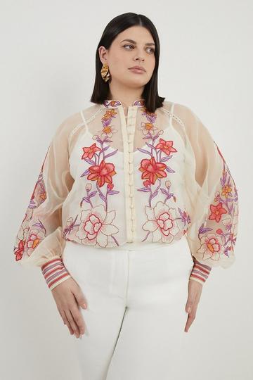 Plus Size Floral Placed Embroidery Organdie Woven Blouse blush