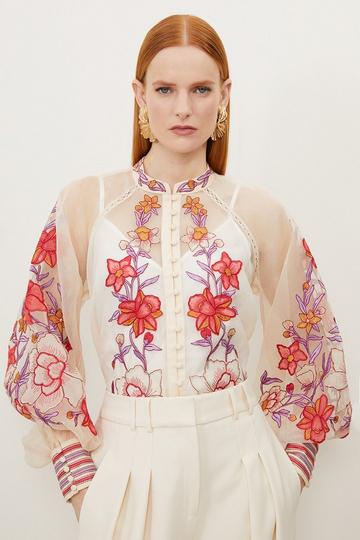 Floral Placed Embroidery Organdie Woven Blouse blush