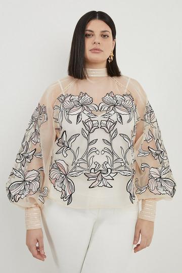 Plus Size Floral Embroidery Organdie Woven Blouse ivory