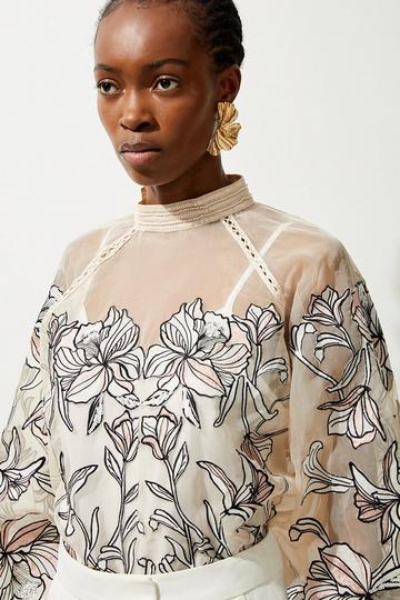 Floral Embroidery Organdie Woven Blouse ivory