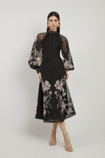 Floral Embroidery Organdie Woven Midi Dress black
