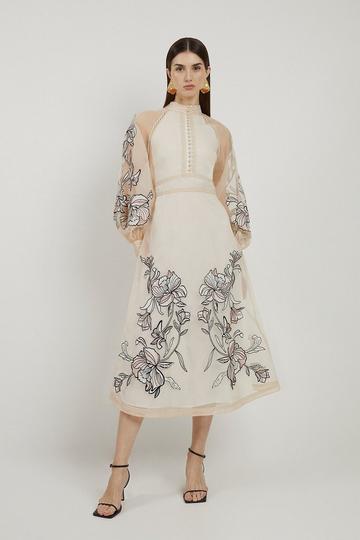 Floral Embroidery Organdie Woven Midi Dress ivory