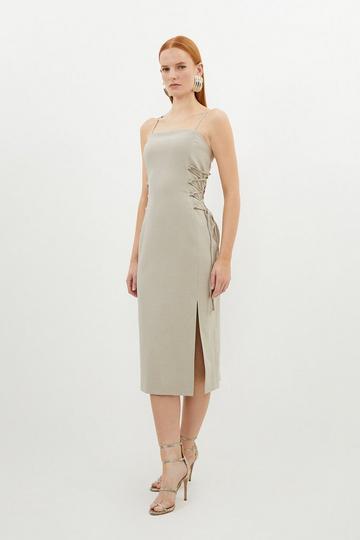 Corseted Tie Side Detail Tailored Bandeau Midi Dress stone