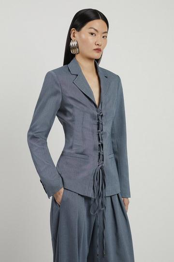 Navy Corseted Tie Detail Front Tailored Longline Blazer