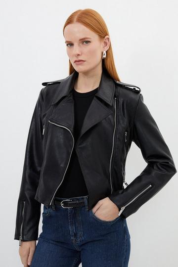 Black Faux Leather Cropped Biker Jacket