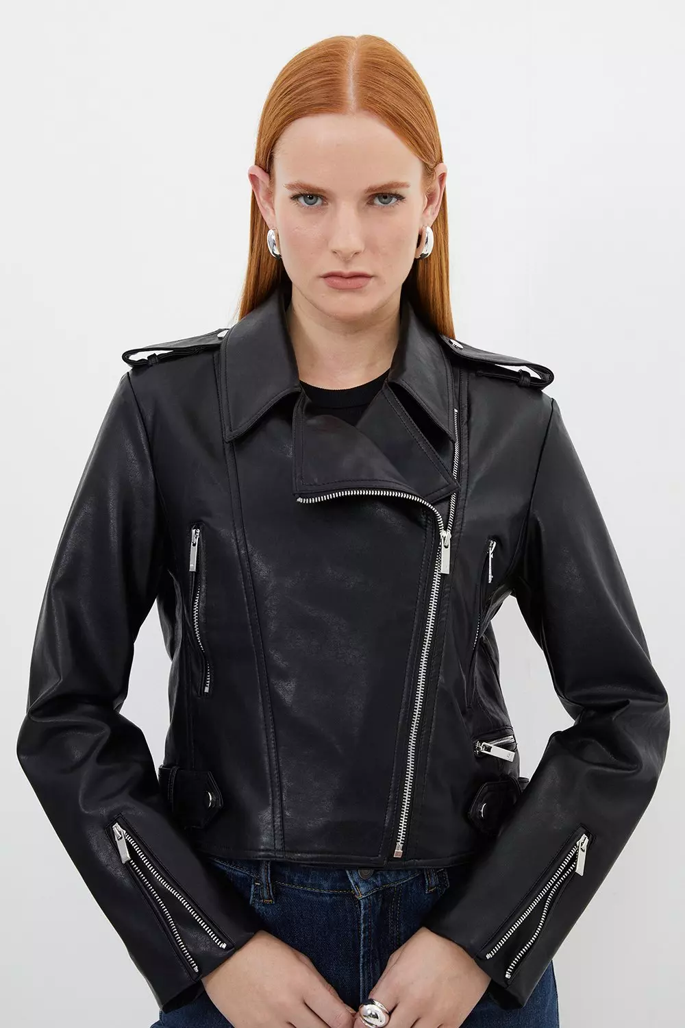 Black cropped pu 2024 biker jacket with zips