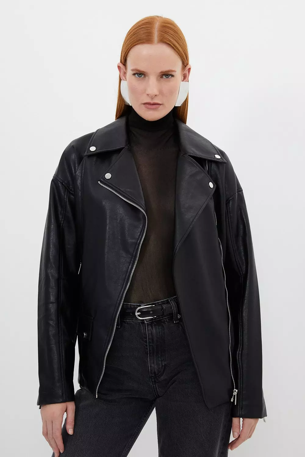 Plus Size Black Faux Leather Longline Biker Jacket