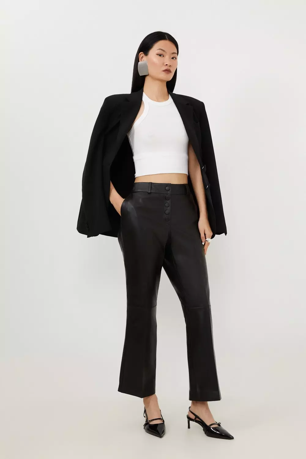 Petite Leather Button Detail Pants | Karen Millen