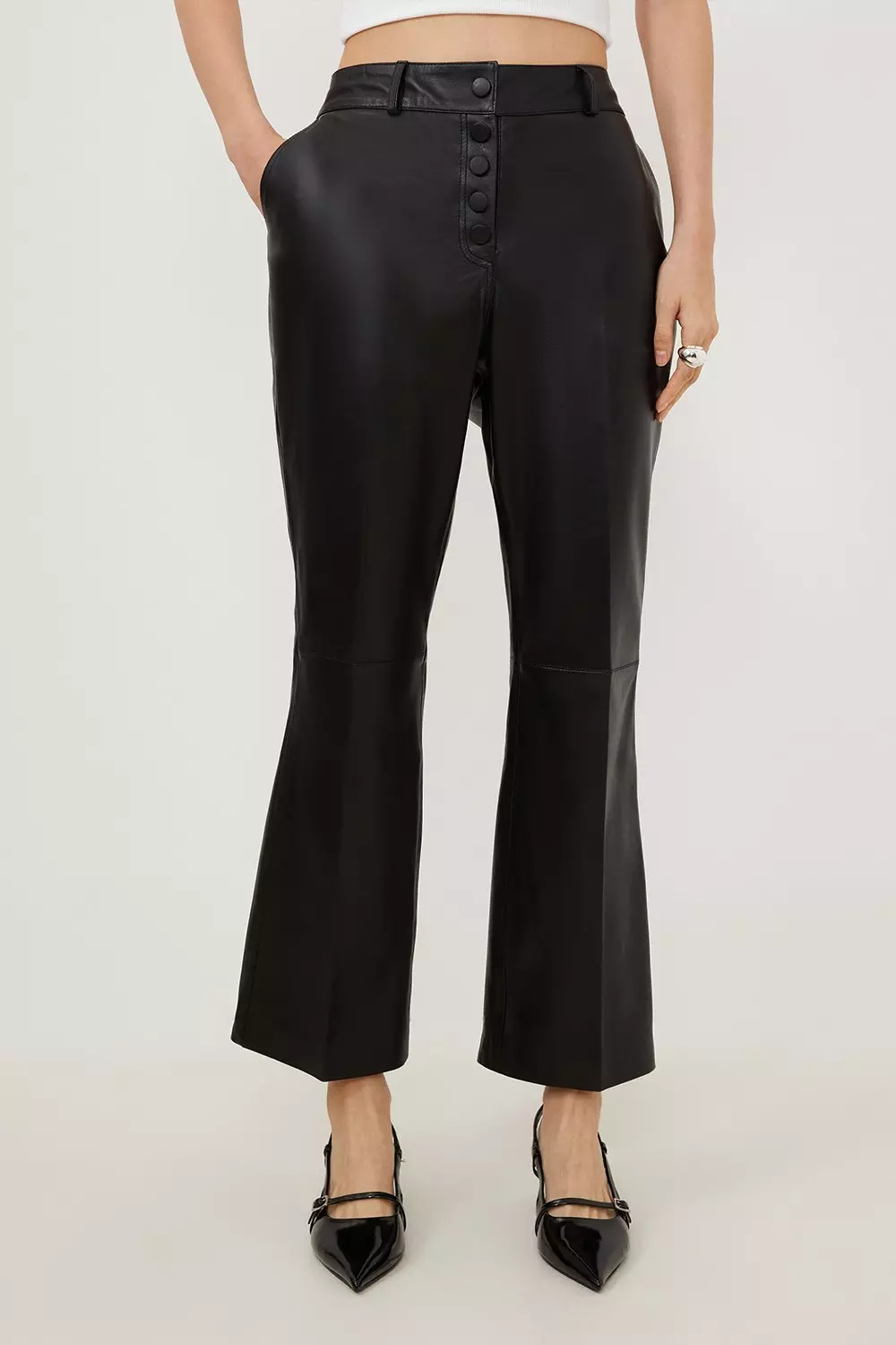 KAREN MILLEN Petite Leather Button Detail Trouser in Black