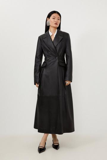 Black Leather Button Waist Full Skirted Coat