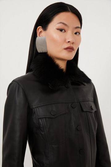 Black Leather Detachable Shearling Collar Trucker Jacket