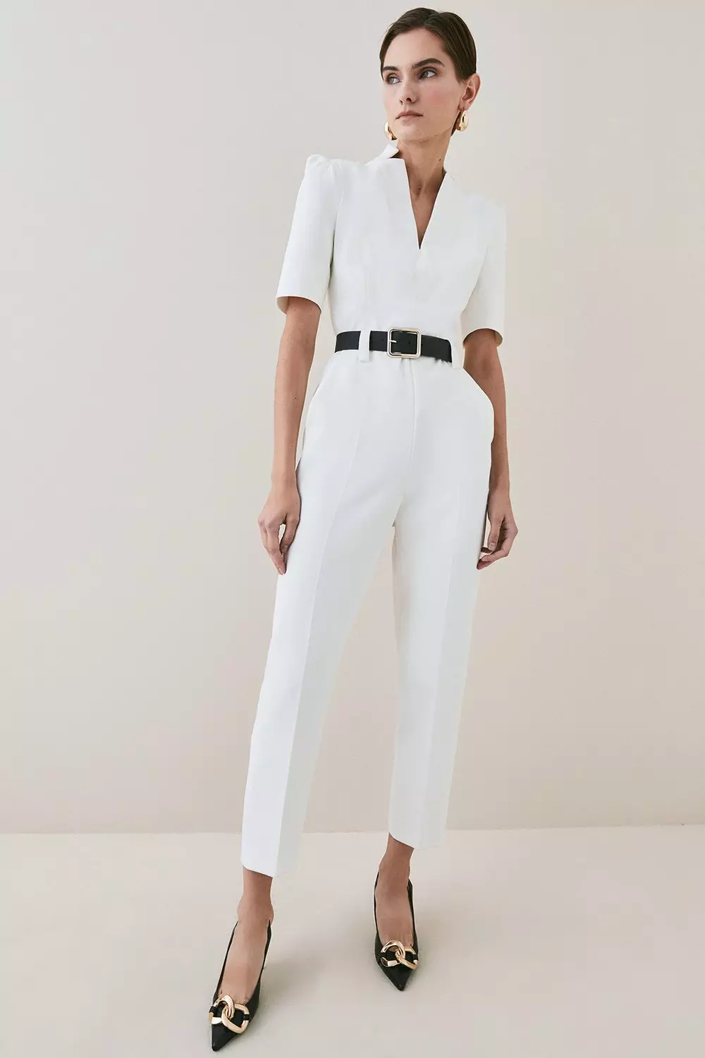 Petite 3/4 Sleeve Belted Wide Leg Jumpsuit