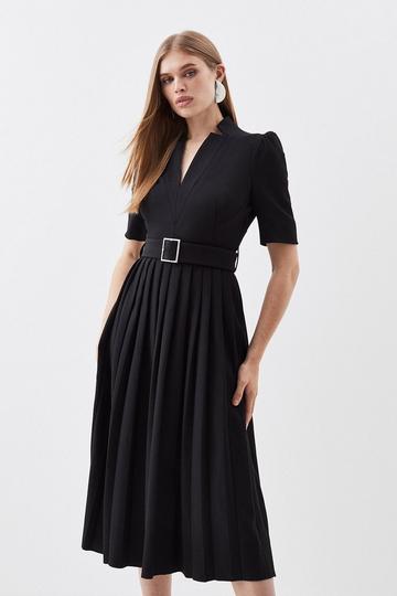 Black Petite Tailored Structured Crepe Forever Pleat Midi Dress