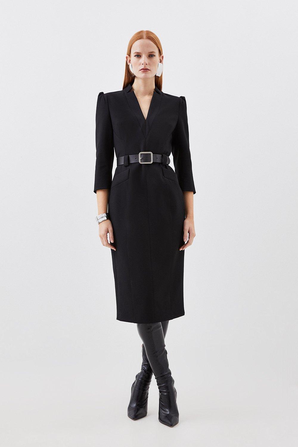 Black 3/4 Sleeve Belted Midi Blazer Dress