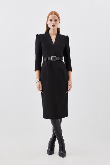Compact Stretch Tailored Forever Belted Midi Dress black
