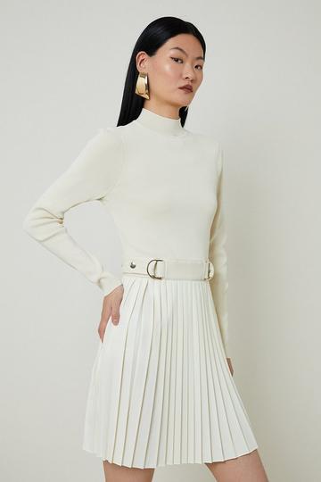 Cream White Viscose Blend Knit Dress With Woven Pleated Skirt Pu Belt