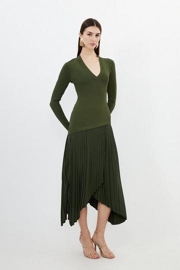 Viscose Blend Knit Mix Asymmetric Midaxi Dress khaki