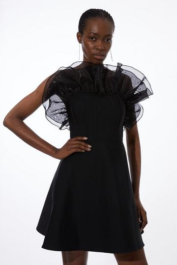 Black Figure Form Bandage Knit Organza Frill Detail Mini Dress