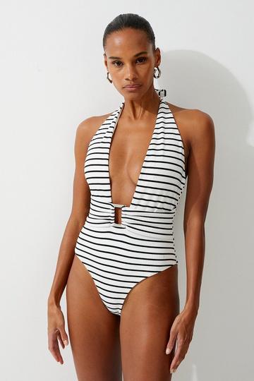 Tall Textured Stripe Trim Detail High Cut Swimsuit stripe