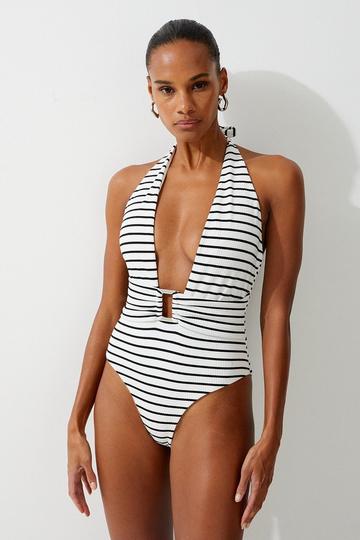 Textured Stripe Trim Detail High Cut Swimsuit stripe