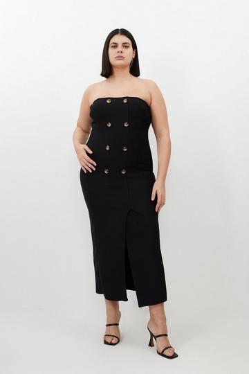 Black Plus Size Figure Form Bandage Button Bandeau Midi Dress