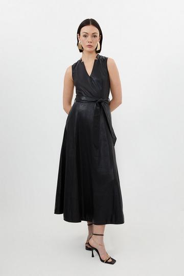 Black Faux Leather Notch Neck Belted Full Skirt Maxi Dress