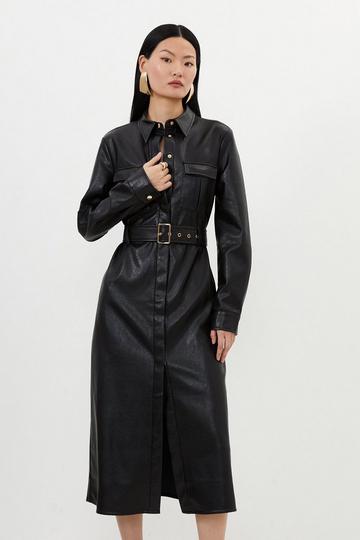 Black Faux Leather Belted Maxi Shirt Dress