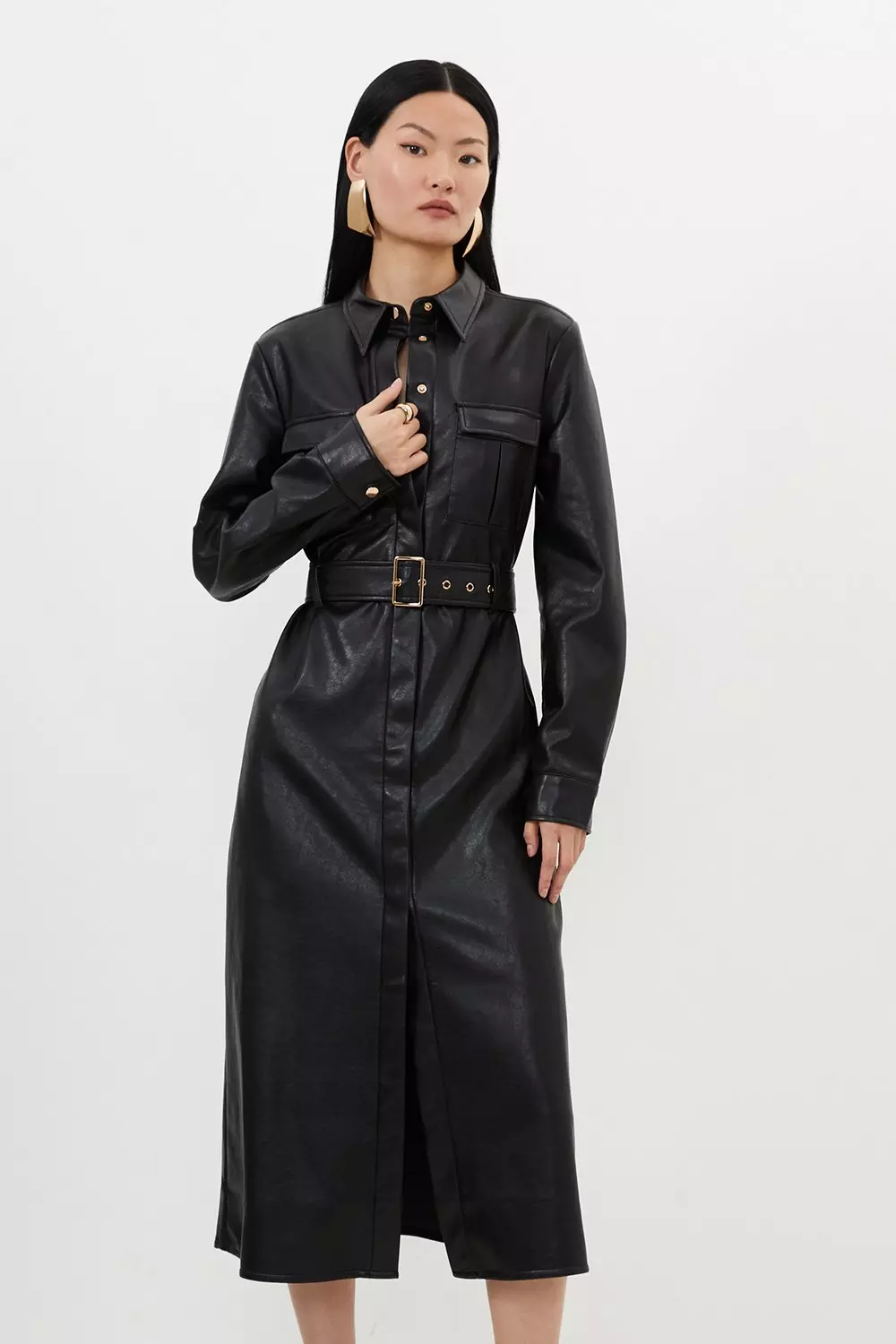 Faux Leather Belted Maxi Shirt Dress Karen Millen