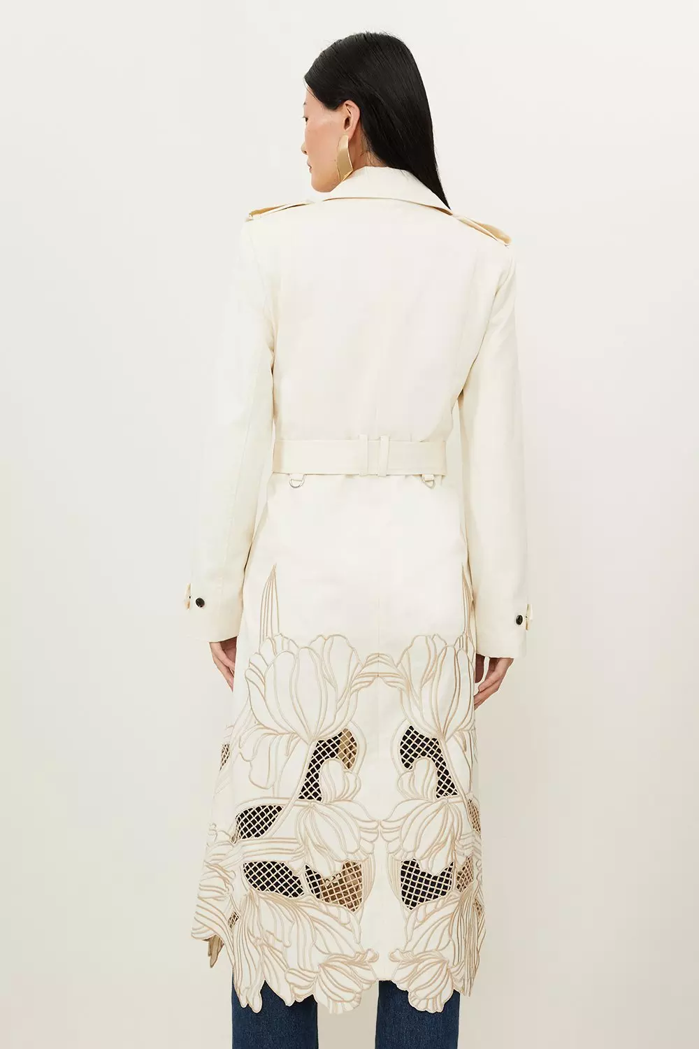 Tailored Cutwork Embroidered Belted Trench Coat | Karen Millen