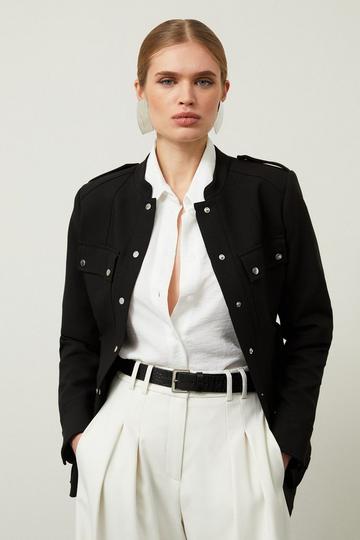 Black Compact Stretch Tailored Belted Button Through Jacket