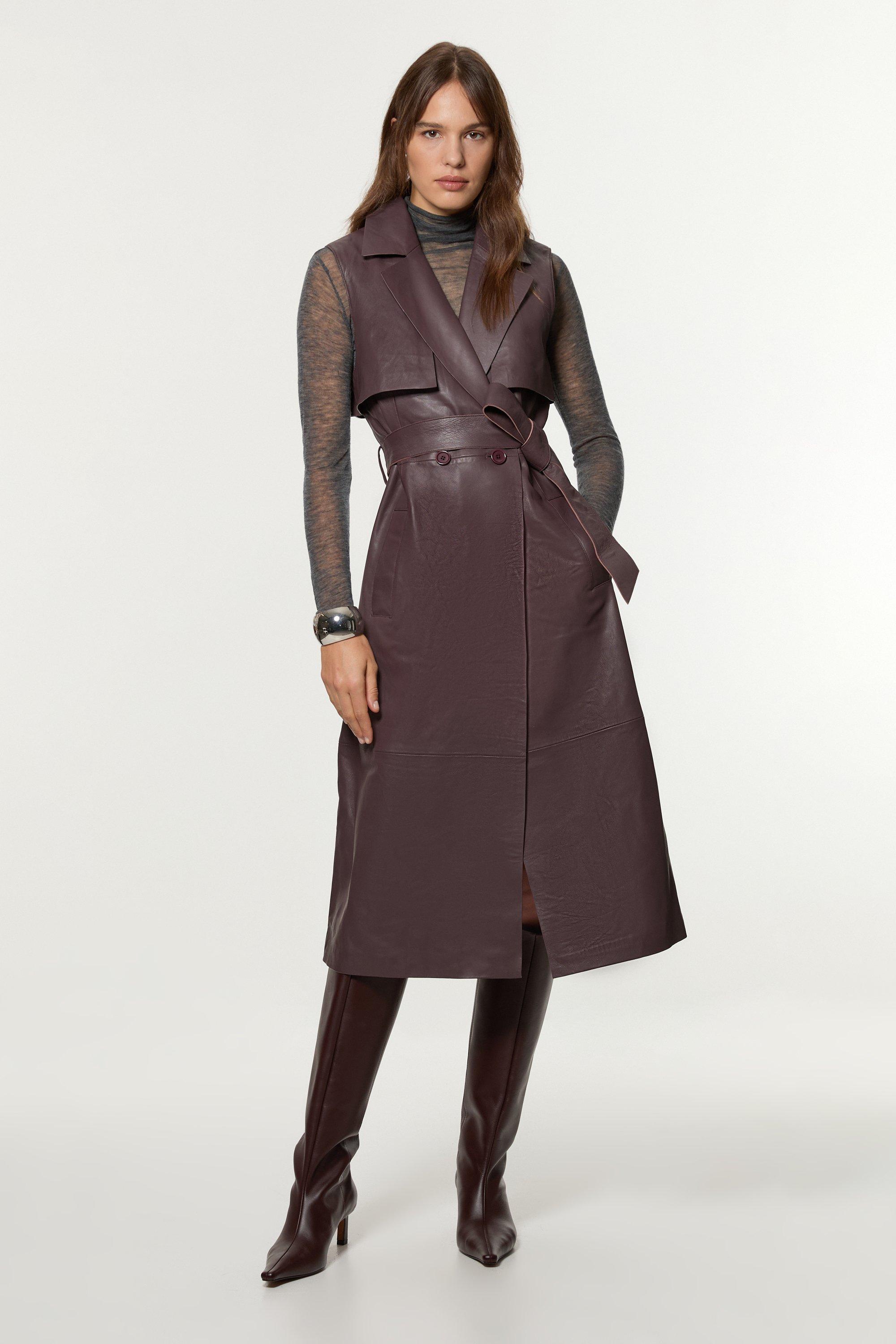 Leather Sleeveless Belted Storm Flap Detail Trench Coat - Red