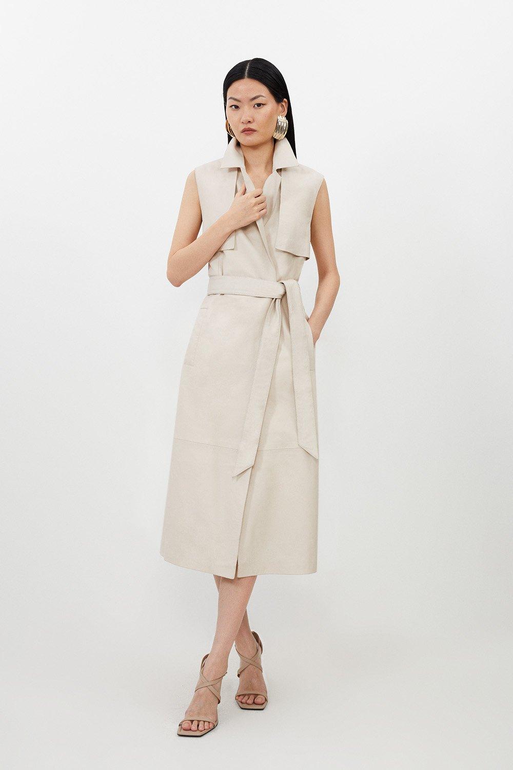 Leather Sleeveless Belted Storm Flap Detail Trench Coat - Neutral
