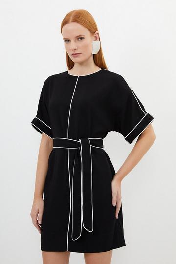 Black Contrast Piping Satin Back Crepe Woven Mini Dress
