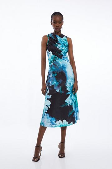 Multi Photographic Floral Jersey Sleeveless Maxi Dress
