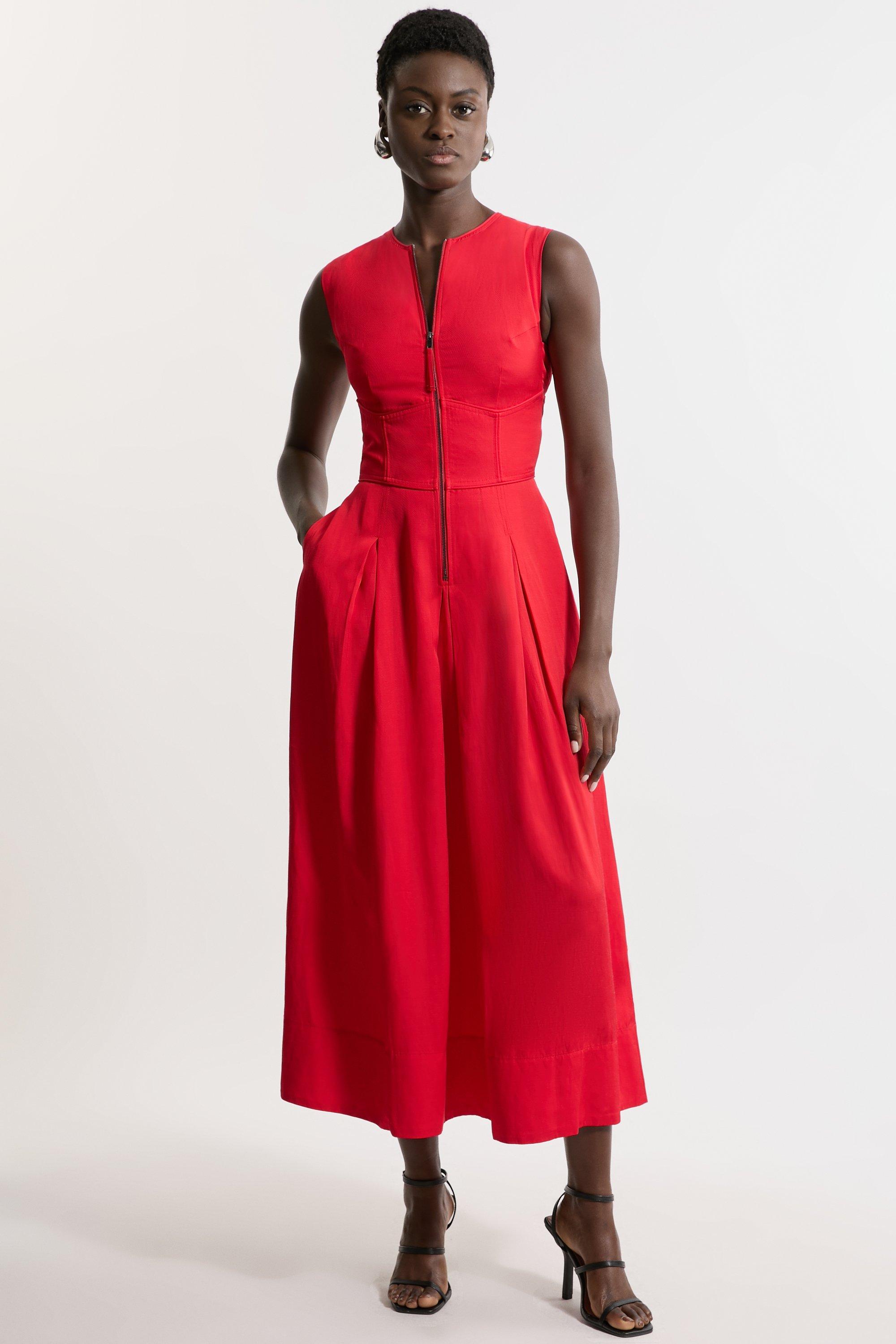 Premium Linen Twill Woven Sleeveless Maxi Dress - Red