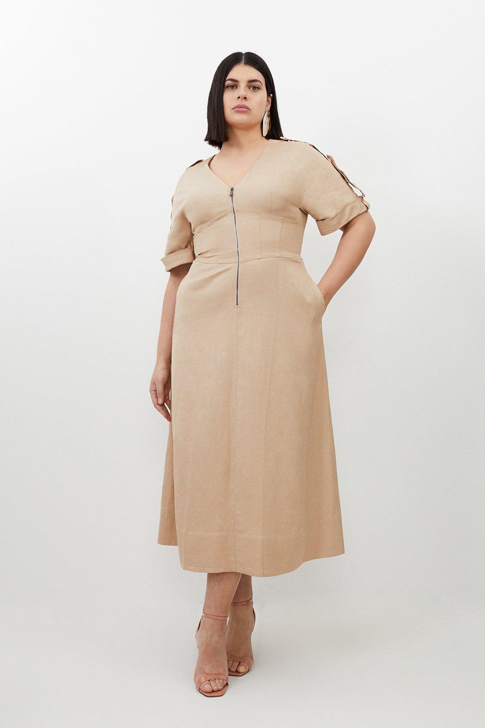 Plus Size Premium Linen Twill Woven Short Sleeve Midi Dress
