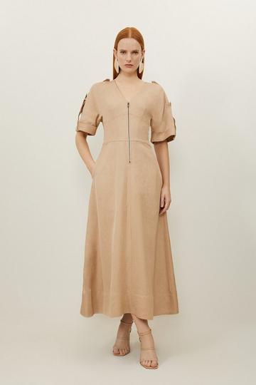 Premium Linen Twill Woven Short Sleeve Midi Dress camel