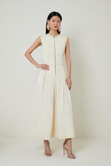White Petite Premium Linen Twill Woven Sleeveless Maxi Dress