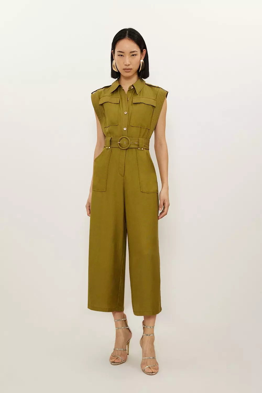 Premium Linen Viscose Topstitch Detail Utility Belted Woven Jumpsuit |  Karen Millen