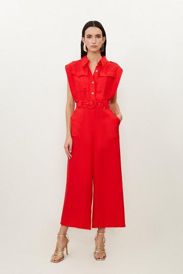 Red Premium Linen Viscose Topstitch Detail Utility Belted Woven Jumpsuit