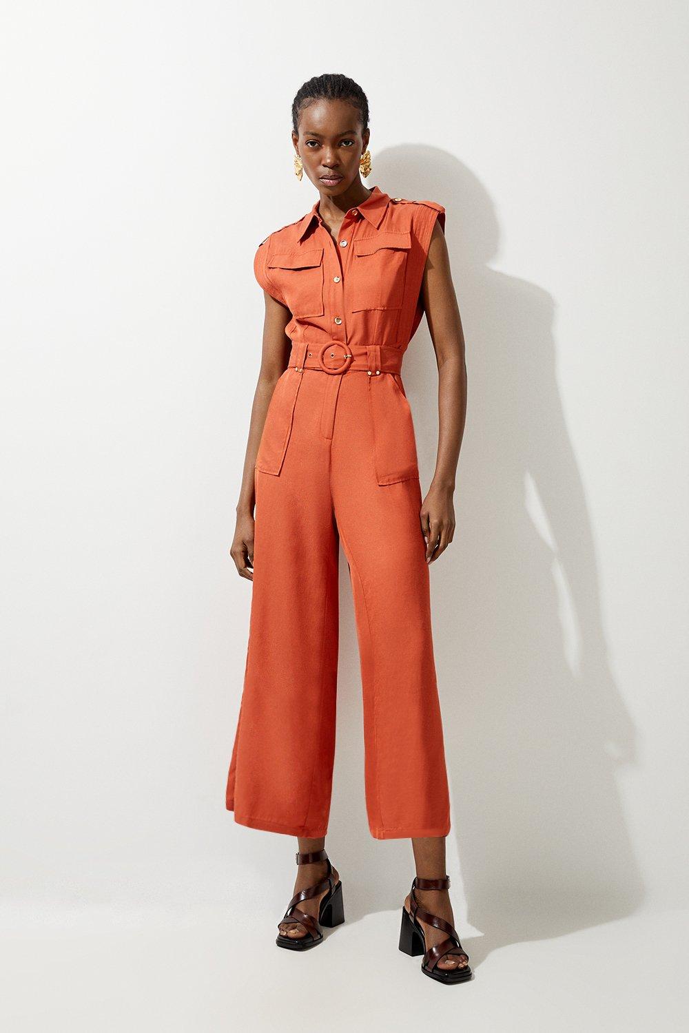 Premium Linen Viscose Topstitch Detail Utility Belted Woven Jumpsuit - Orange