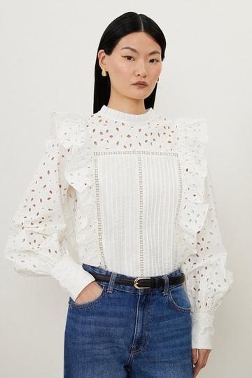 Embroidery Cutwork Frill Detail Woven Shirt ivory