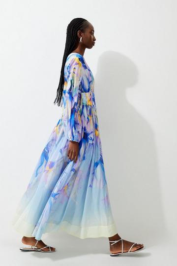 Blue Ombre Floral Silk Cotton Plunge Maxi Dress