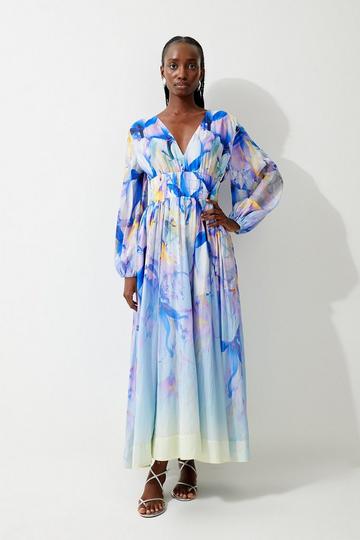 Petite Ombre Floral Silk Cotton Plunge Maxi Dress blue
